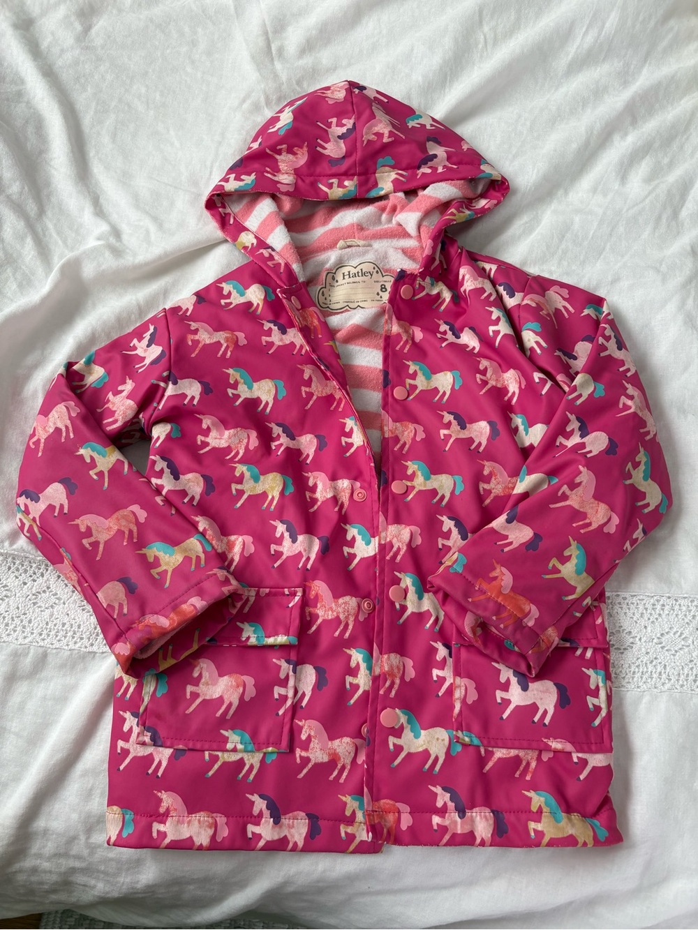 Hatley Sz 8 Girls Flora Raincoat Terry lining warm unicorn color changing hoodie